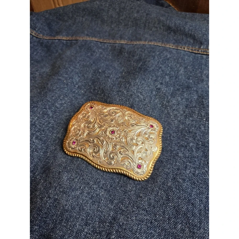 Vintage Crumrine Large Silver Gold Belt Buckle Ruby Stones Western Rodeo